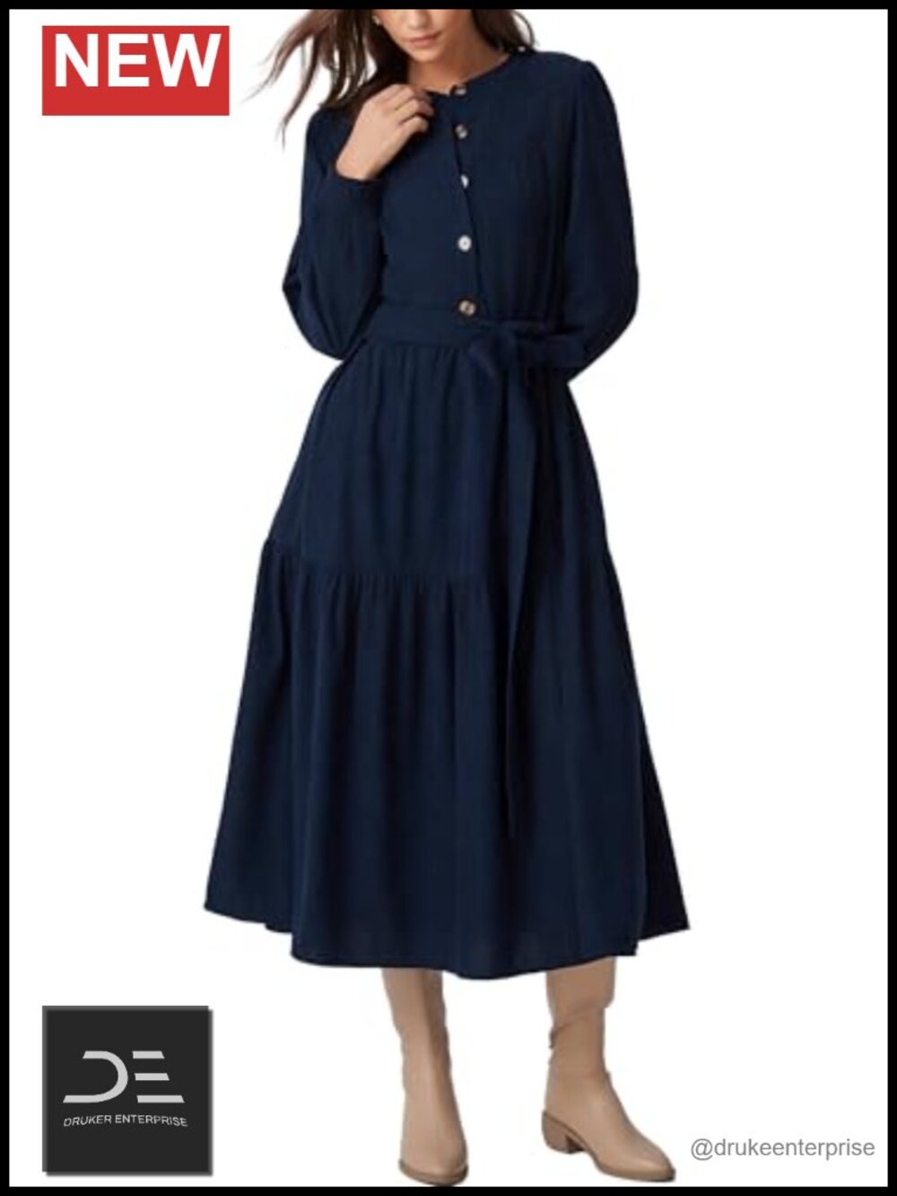 Corduroy Maxi Dress Long Sleeve A-Line V-Neck Belted Pocket Casual